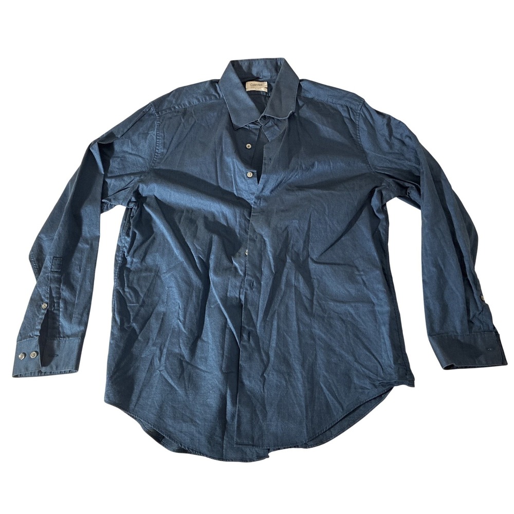Calvin Klein Mens Slim Fit Navy Blue‎ Micro Pattern Button Down Shirt L